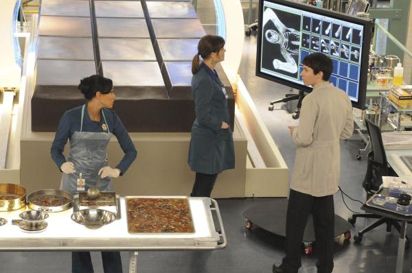 Bild 1 von 12: (v.l.n.r.) Camille Saroyan (Tamara Taylor); Temperance Brennan (Emily Deschanel); Vincent Nigel-Murray (Ryan Cartwright)