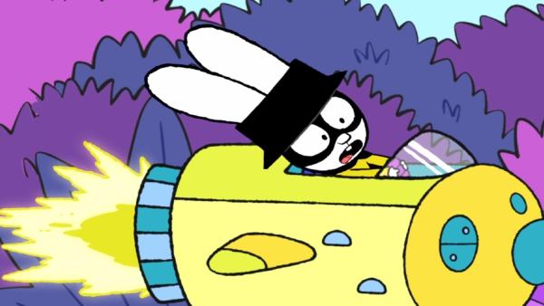 Bild 1 von 3: Aller Anfang ist schwer. Und so muss Captain Hase sich erstmal mit dem Fliegen seines Raumschiffes vertraut machen.