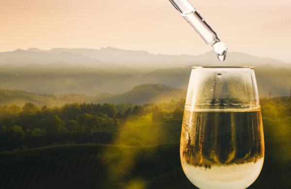 Bild 1 von 4: Pipette über einem gefüllten Weinglas vor hügeliger Landschaft. Keyvisual \