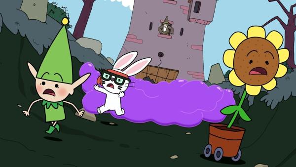 Bild 1 von 2: Der Rat des Glücks - Meister Heiter, Mümmel vom Amt und Sonnenschein (von links nach rechts) - geht auf Mission. Der Rat des Glücks will den Zauberer Stinkweazle (hinten) daran hindern, seinen Stinkykrams über den ganzen Wald zu verteilen.© ZDF/Tiger Aspect Kids & Family Limited, Movimenti Production, Zodiak Kids & Family France and Monello Productions 2025 - Honorarfreie Verwendung gemäß AGB im redaktionellen Zusammenhang mit genannter Sendung bei Nennung \