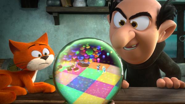 Bild 1 von 1: Gargamel freut sich, dass sein böser Plan aufgeht und die Schlümpfe in den Tanzpalast und damit in die Falle gehen.© KiKA/Peyo Productions, Dupuis Édition & Audiovisuell - Honorarfreie Verwendung gemäß AGB im redaktionellen Zusammenhang mit genannter Sendung bei Nennung \