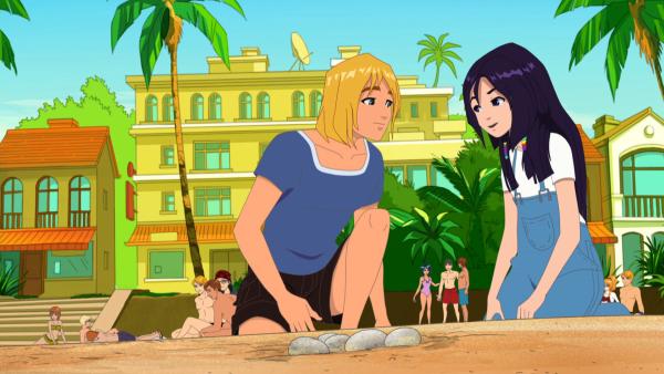 Bild 1 von 5: Byron zeigt Cleo die Stelle am Strand, an der er Schildkröteneier gefunden hat.