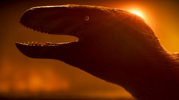 Bild 1 von 15: Von den Flammen bedroht, bleibt den Utahraptoren während eines Waldbrandes nichts anderes übrig als die Flucht nach vorn. Der todbringende Treibsand konservierte ihre Überreste über die Jahrmillionen.