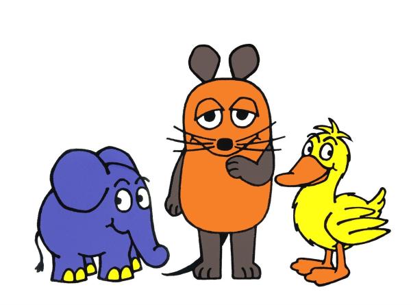 Bild 1 von 3: Maus, Elefant und Ente. Seit Februar 1975 ist der kleine blaue Elefant dabei, die Ente zeigte sich erstmals im Januar 1987.