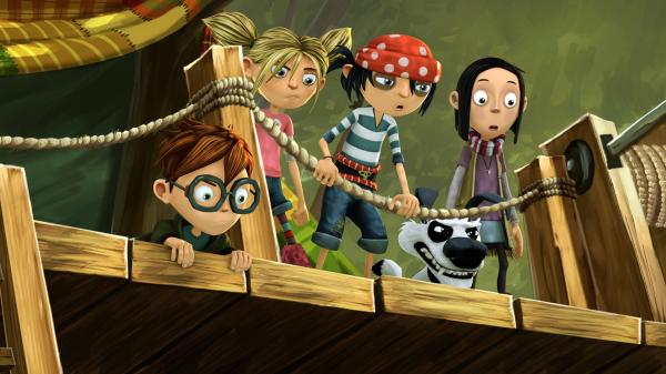 Bild 1 von 3: Matilda und Jim mit ihren Freunden am Baumhaus.