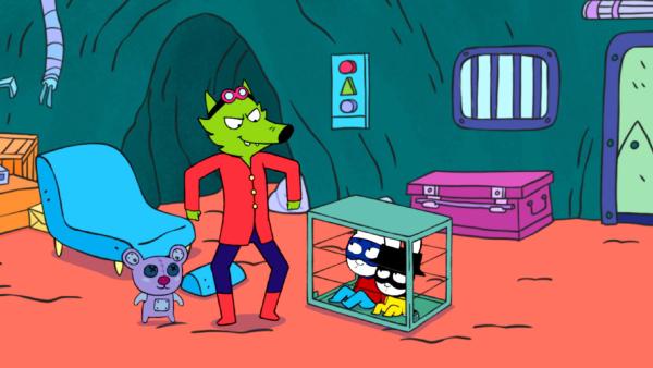 Bild 1 von 3: Professor Wolf (2.v.l.) und Mega-Mini (l.) haben Superhase (2.v.r.) und Captain Hase (r.) gefangen genommen.