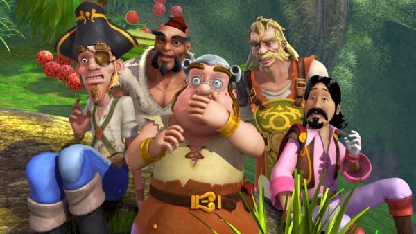 Bild 1 von 3: Smee (Mitte) und seine Piratenkollegen sind entsetzt über die Wirkung des Pulvers, das Jaro zusammengerührt hat.