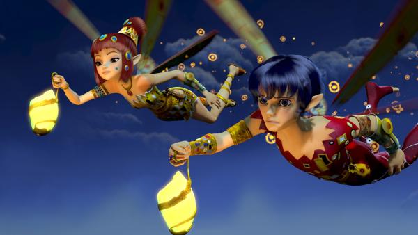 Bild 1 von 2: Yuko (li.) und Mo (re.) fliegen durch den mondhellen Nachthimmel von Centopia.