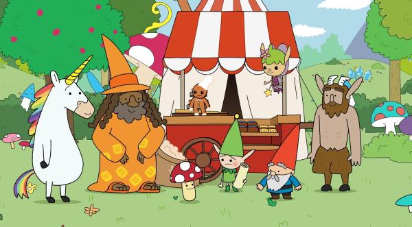 Bild 1 von 2: Zauberer Zausebart (2. von links) kommt mit seiner Pop-up-Bäckerei in den Wald. Meister Heiter (4. von .rechts) und die Helden Blümchen (links), Tupfen (3. von links), Twinkle (3. von rechts), Herbert (2. von rechts) und Hufius (rechts) sind zufrieden, dass der Assistent, der Lebkuchenmann (4. von links) und sein Chef sich wieder vertragen haben.