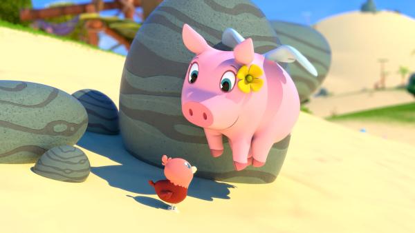 Bild 1 von 1: Der kleine Piepsi kann noch nicht fliegen. Pinkie hilft.