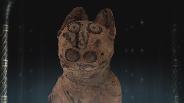 Bild 1 von 2: Im Penn Museum in Philadelphia befindet sich ein antikes Leinenbündel mit dem Kopf einer Katze. Der kleine runde Kopf ist aus Stoff gefertigt und an einem länglichen Körper ohne Beine befestigt.