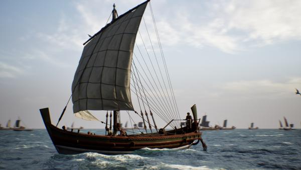 Bild 1 von 13: Computeranimation römischer Handelsschiffe. Eine ganze Flotte von kleinen und mittelgroßen Frachtseglern sorgte für den Warenverkehr über das Mittelmeer, das die Römer stolz \