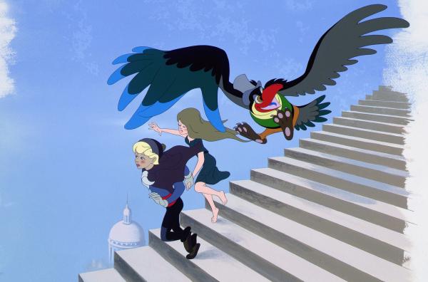 Bild 1 von 4: Der bunte Vogel hilft den Gemäldefiguren auf ihrer Flucht vor dem König.
