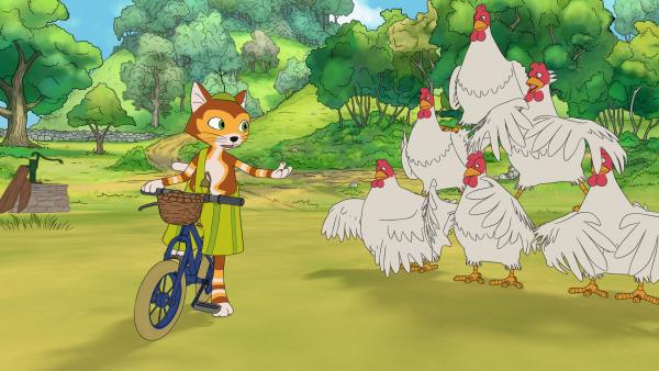 Bild 1 von 3: Um zu beweisen, wie gut er Fahrrad fahren kann, muss Findus eine perfekte Bremsung vor einer Hühnerpyramide hinkriegen.