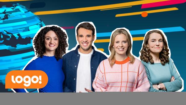 Bild 1 von 3: Die logo!-Moderator:innen (v.l.n.r.): Maral Bazargani, Sherif Rizkallah, Linda Fuhrich und Lotte Glatt