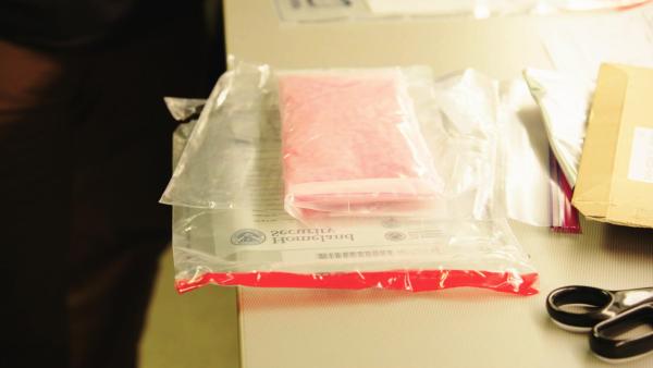 Bild 1 von 6: A package of pink pills, suspected to be narcotics, are sitting on an inspection table in an evidence bag as two HSI agents overlook.