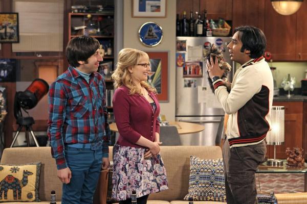 Bild 1 von 22: Da Raj (Kunal Nayyar, r.) ernsthaft mit dem Gedanken spielt, Lakshmi zu heiraten, weil er fürchtet, ansonsten für immer allein zu sein, sorgen Bernadette (Melissa Rauch, M.) und Howard (Simon Helberg, l.) dafür, dass er jemanden zum Kuscheln bekommt ...
