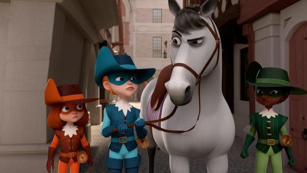 Bild 1 von 3: Die Musketiere Athos (2.v.l.), Aramis (r.) und d'Artagnan (l.) suchen nach Porthos, die verschwunden ist. Ob ihr Pferd Mousqueton etwas weiß?