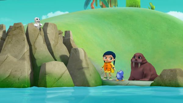 Bild 1 von 2: Wissper, Peggy und Walross Wilma überlegen, wie sie den kleinen Seehund Simon (oben li.) aus der Felsspalte befreien können.