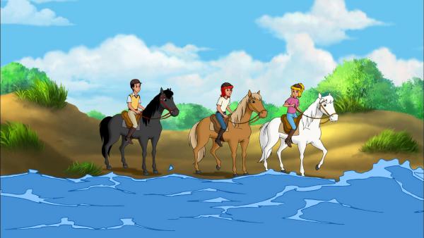 Bild 1 von 6: Bibi (r.), Tina (M.) und Alex (l.) staunen, wie schnell das Wasser bei Flut steigt.