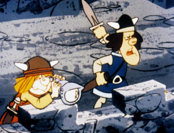 Bild 1 von 5: Im Bild: Snorre und Tjure beobachten, wie sich die Graumänner auf Stelzen der Festung nähern.