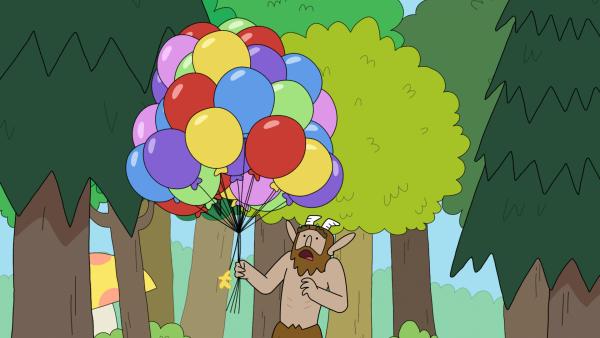 Bild 1 von 2: Der Faun Hufius will dreißig Luftballons quer durch den Magic Forest befördern. Doch spitze Gefahren lauern überall, und ein Ballon ist gerade geplatzt.