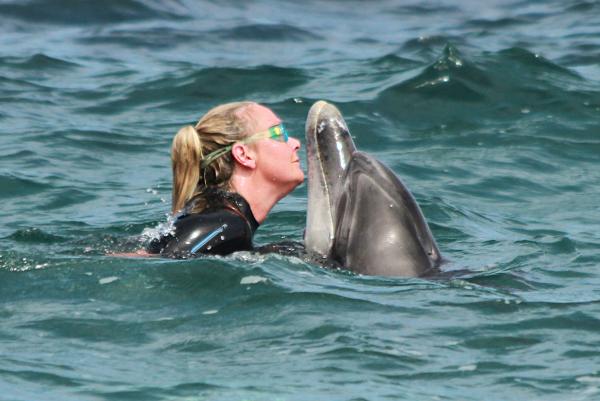 Bild 1 von 2: Delfin Mara und Delfinflüsterin Ute Margreff.