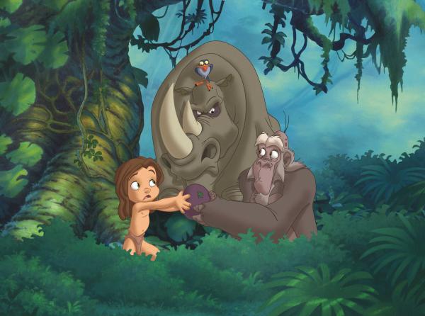 Bild 1 von 16: Der zweite Teil von Tarzan erzählt, erneut begleitet von dem bezaubernden Soundtrack von Phil Collins, von der Kindheit des kleinen Jungen. Tarzan erkennt, dass er kein Affe ist und macht sich auf, seine wahre Herkunft zu erkunden. Der junge Ausgestoßene rennt vor seiner liebevollen Mutter Kala davon und begibt sich in die Dunklen Berge, wo er dem monströsen Berggorilla Zugor gegenüber tritt. Auf seiner Reise zu den Wurzeln wird Tarzan von zwei Gorillabrüdern namens Uto und Kago und deren Mutter Gunda begleitet. Ob er so herausfindet, woher er kommt?