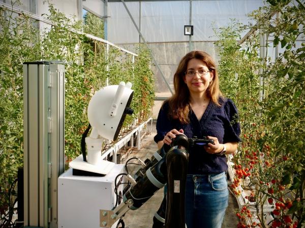Bild 1 von 13: Projektleiterin Roemi Fernández Saveedra mit Ernteroboter PoCROBOCROP bei einem Ernteversuch in einem Gewächshaus bei Madrid, Spanien