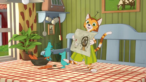 Bild 1 von 4: Findus hat sich eine Erfindung ausgedacht, mit der die Federn der Hühner geputzt und gepflegt werden können.