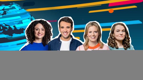 Bild 1 von 3: Die logo!-Moderator:innen (v.l.n.r.): Maral Bazargani, Sherif Rizkallah, Linda Fuhrich und Lotte Glatt