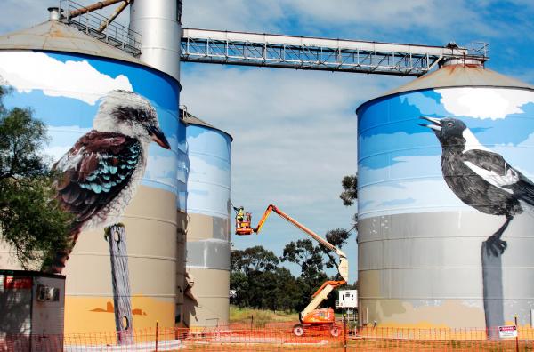 Bild 1 von 6: Statt nur zwei Silos bemalt Geoffrey Carran am Ende drei. Zuletzt kommt ein Rosakakadu hinzu.