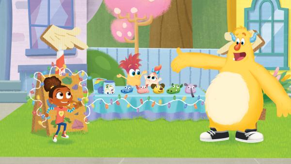 Bild 1 von 8: Die Monstersitter geben ihr Bestes, Hugos Laden zu bewerben.