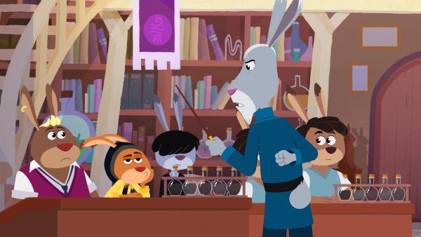 Bild 1 von 3: Hubertus` Unterricht ist gefürchtet. Chester, Max und Kela habe genug davon.© SWR/2026 Akkord Film/SWR/KiKA/NDR/HR/SERU Animarion/2 Minutes SAS/FormArt Dakor Bt. - Honorarfreie Verwendung gemäß der AGB im engen inhaltlichen, redaktionellen Zusammenhang mit genannter Sendung bei Nennung \