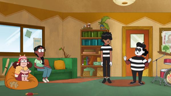 Bild 1 von 3: Gigi und Saige schauen zu, wie Sully seinen Freund in die Kunst der Pantomime einweist.© KiKA/2024 Daily Madness Limited/Miam! Animation/Thuristar/VRT-Ketnet - Honorarfreie Verwendung gemäß AGB im redaktionellen Zusammenhang mit genannter Sendung bei Nennung \