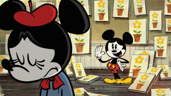 Bild 1 von 3: Micky versucht, für Minnie Modell zu sitzen, doch eine hartnäckige Biene treibt ihn an den Rand des Wahnsinns.