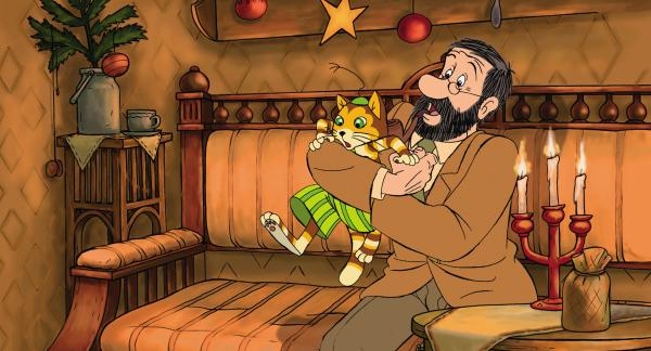 Bild 1 von 3: Findus will dem Weihnachtsmann entgegen laufen, aber Pettersson hält ihn zurück.