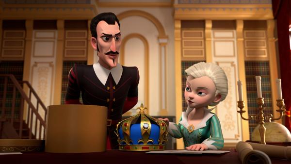 Bild 1 von 3: Kardinal Richelieu (links) und Milady (rechts) stehlen die Königskrone, um eine Kopie herstellen zu lassen.