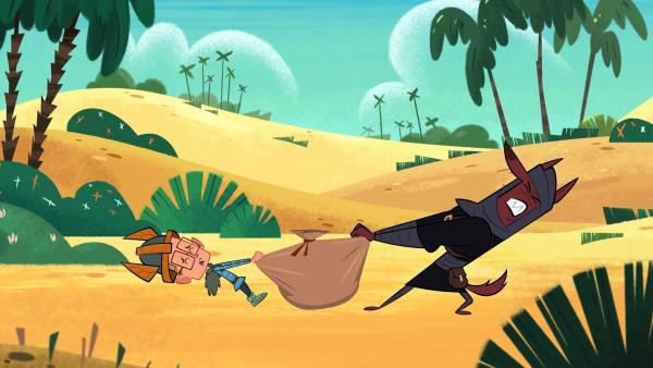 Bild 1 von 4: Einer von Luchsohrs 40 Räubern (r.) will Marcus seinen Ausrüstungssack entreißen.