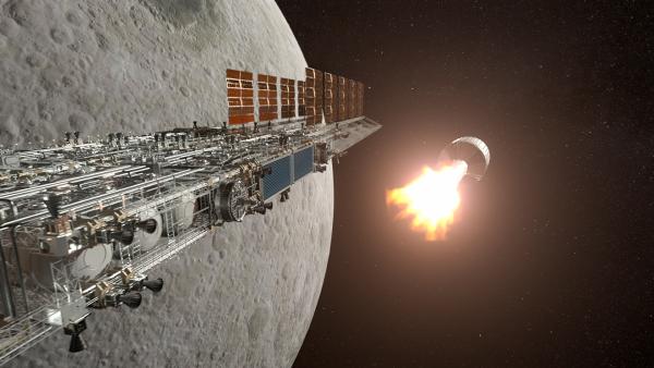 Bild 1 von 2: Asteroiden könnten Rohstoffe für Raketentreibstoff liefern. Weltraumtankstellen im Mondorbit würden Reisen zum Mars deutlich vereinfachen.