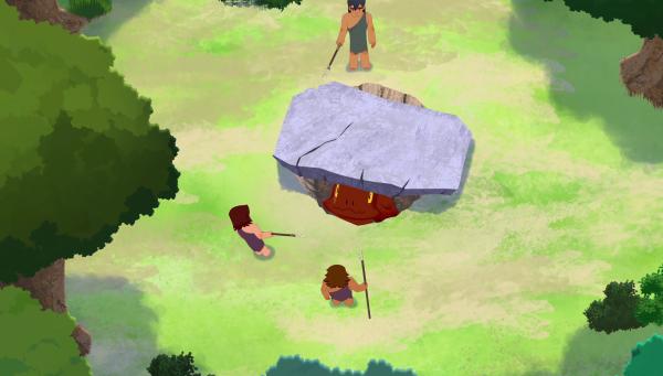 Bild 1 von 4: Die Jäger des Stammes haben Tumtum gefangen. Kann Tib ihn befreien und die Erwachsenen überzeugen, dass Tumtum ihnen nichts tut?