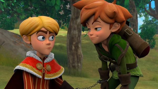 Bild 1 von 2: Prinz John (l.) und Robin (r.) sind aneinandergekettet entkommen. Ob das gutgeht?