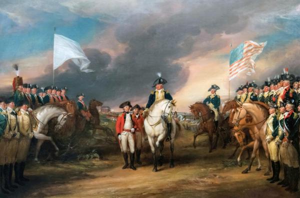 Bild 1 von 1: Die Kapitulation des britischen Generals Lord Cornwallis nach der Schlacht von Yorktown (1781) läutete das Ende des Krieges und den Sieg der Amerikaner ein.