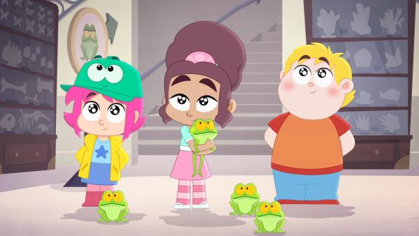 Bild 1 von 4: Im Museum sind die Frösche aus dem Terrarium entwischt und alle Schüler helfen dabei, die Frösche wieder einzusammeln. Auch Rebecca (v.l.n.r.), Nadine und Francois.
© ZDF/Media Valley - Honorarfreie Verwendung gemäß AGB im redaktionellen Zusammenhang mit genannter Sendung inkl. SocialMedia bei bei Nennung \