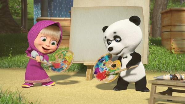 Bild 1 von 4: Mascha und der Panda fangen an zu malen und singen ein Lied dabei.