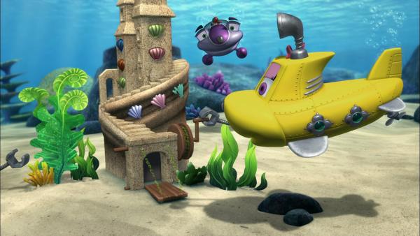 Bild 1 von 3: Skid und Bess haben eine Unterwasser-Sandburg gebaut. Sie hat sogar eine Zugbrücke!