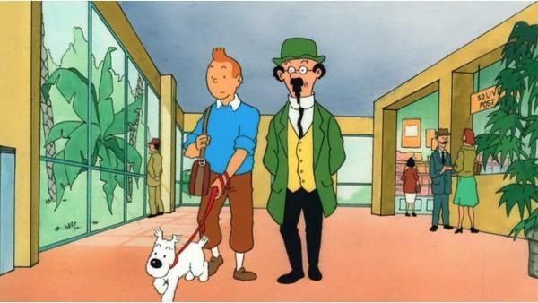 Bild 1 von 1: Tim (l.), Struppi, Kapitän Haddock, Professor Bienlein (r.), Piotr Klap und Laszlo Carreidas werden auf dem Flug zum Raumfahrtkongress nach Sydney entführt. Auf einer kleinen Insel treffen sie auf Rastapopoulos, der es auf das Geld von Carreidas abgesehen hat, doch Tim gelingt die Flucht.