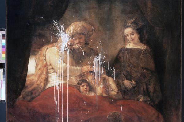 Bild 1 von 3: Wertvollstes Gemälde Hessens: der ?Jakobssegen? von Rembrandt nach dem Säureattentat, begangen vom Kunstschänder Hans-Joachim Bohlmann