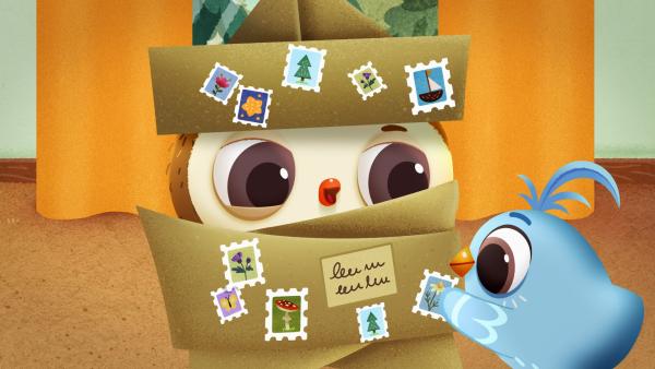 Bild 1 von 1: Odo verpackt sich als Paket, damit Herr Brieftaube ihn per Post in den Süden befördert.