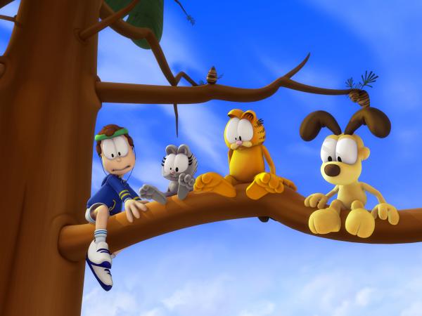Bild 1 von 2: Garfield klettert auf einen Baum. Leider traut er sich aber nicht mehr runter. Im Laufe der Zeit bekommt er Gesellschaft von Odie, Nermal, Jon und einem Feuerwehrmann.